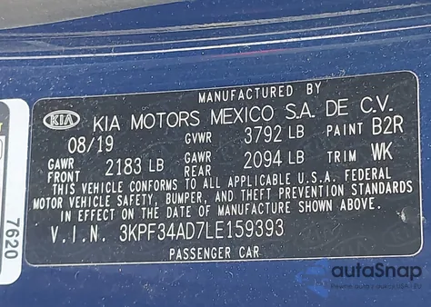 2020 Kia Forte Gt-Line from USA, damaged, VIN 3KPF34AD7LE159393